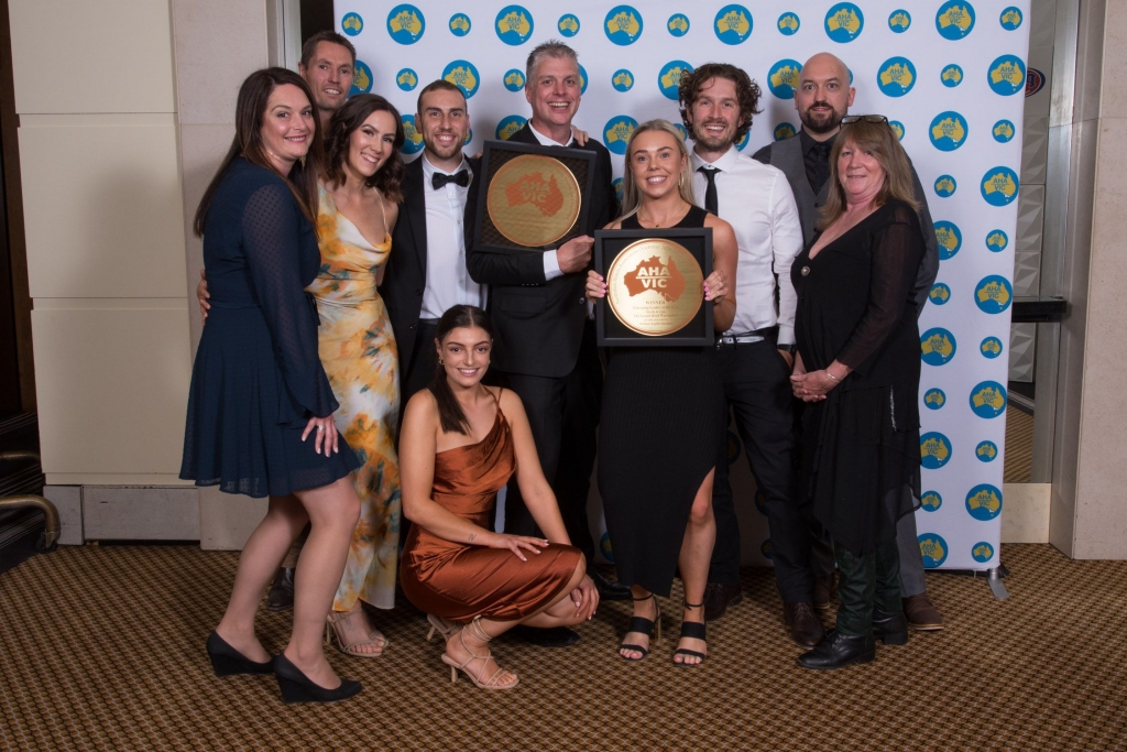 AHA Vic 2021 award night photo of Grand Hotel Warrandyte staff with awards